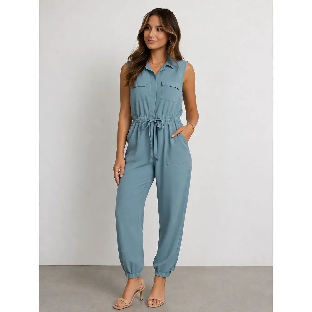 J.Crew Collection Blue Sleeveless Jumpsuit Sz 4 Cinch Waist